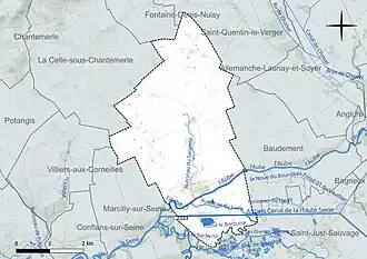 Carte en couleur présentant le réseau hydrographique de la commune
