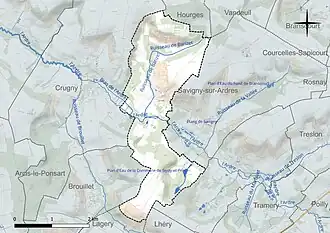Carte en couleur présentant le réseau hydrographique de la commune