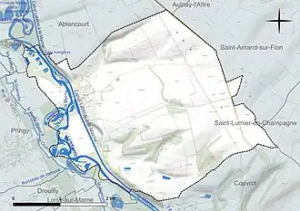 Carte en couleur présentant le réseau hydrographique de la commune