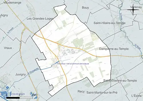Carte en couleur présentant le réseau hydrographique de la commune