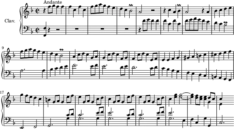 
\version "2.18.2"
\header {
  tagline = ##f
}

%% les petites notes
trillBes    = { \tag #'print { bes2\prall } \tag #'midi { \times 2/3 { c16 bes c bes c bes~ } bes4~ } }
trillBesq   = { \tag #'print { bes4\prall } \tag #'midi { \times 2/3 { c16 bes c } bes8~ } }

upper = \relative c'' {
  \clef treble 
  \key f \major
  \time 2/2
  \tempo 2 = 68
  \set Staff.midiInstrument = #"harpsichord"

      s8*0^\markup{Andante} r4 f8 g f4 f | f c f c | f8 g a g f4 e | d c \trillBes |
      % ms. 5
      a2 r2 | r4 c4 a \trillBesq | a2 r4 a4 | bes c d e | f8 g a g f4 e | d c \trillBes |
      % ms. 11
      a4 c8 d c4 g8 a | g4 c8 d c4 f,8 g | f4 c'8 d c4 e,8 f | e4 e f g | 
      % ms. 15
      gis4 a b c | cis d e f | g f8 e d4 c | b g8 a g4 e'8 f | e4 g,8 a g4 c8 d | 
      % ms. 20
      c4 g8 a g4 e'8 f | e4 g,8 a g4 c8 d | c4 < e g >4 q2~ | q4 < d f >8 < c e > q4 << { d8 c } \\ { g4 } >>
      % ms. 24
      << { c4 } \\ { e,4 } >> s2 % poursuivre jusqu'à la mesure 32/reprise

}

lower = \relative c' {
  \clef bass
  \key f \major
  \time 2/2
  \set Staff.midiInstrument = #"harpsichord"

    % **************************************
      % \repeat unfold 2 {
      < f,, f' >4 r4 r2 | R1*3 | r4 f''8 g f4 f | f c f c | f8 g a g f4 e | d c \trillBes | a2. a4 |
      % ms. 10
      bes4 c d e | f2. e8 f | e2. d8 e | d2. c8 d | c4 bes a g | f e d c b a g f | e2 f | g2. << { \repeat unfold 2 { c'8 d | c2. e8 f | e2. } } \\ { \repeat unfold 4 { g,4 | g2. } } >> e4 | f c g' g, | c2.

}

thePianoStaff = \new PianoStaff <<
    \set PianoStaff.instrumentName = #"Clav."
    \new Staff = "upper" \upper
    \new Staff = "lower" \lower
  >>

\score {
  \keepWithTag #'print \thePianoStaff
  \layout {
      #(layout-set-staff-size 17)
    \context {
      \Score
     \override SpacingSpanner.common-shortest-duration = #(ly:make-moment 1/2)
      \remove "Metronome_mark_engraver"
    }
  }
}

\score {
  \keepWithTag #'midi \thePianoStaff
  \midi { }
}
