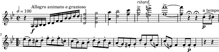 
\relative c'' {
  \version "2.18.2"
  \key bes \major
  \time 2/2
  \tempo 2 = 100
  \tempo "Allegro animato e grazioso"
  r4 a,16 \f ^\markup {Allegro animato e grazioso} a bes bes d d f f bes bes d d
  
  <d, bes' f'>2 < ees bes' g'>
  <a a'>4 <d bes'>2 <f c'>4 
  <f d'>2^> ^ \markup {\italic ritard.} <e e'>^> <f f'>1^>  ~ <f f'>4 r  \fermata r\fermata c8-. \p ^\markup {a tempo} (cis8-.)
 \bar ".|:" ees (d) cis-.d-. f-. d-. f-. c-.
  c (bes) a-. bes-. d-. bes-. d-. a-.
  a (g) fis-. g-. d'-. g,-.
  d' (f,) c' (e,) f4 f8-. f-.\p f4-. r r
}
