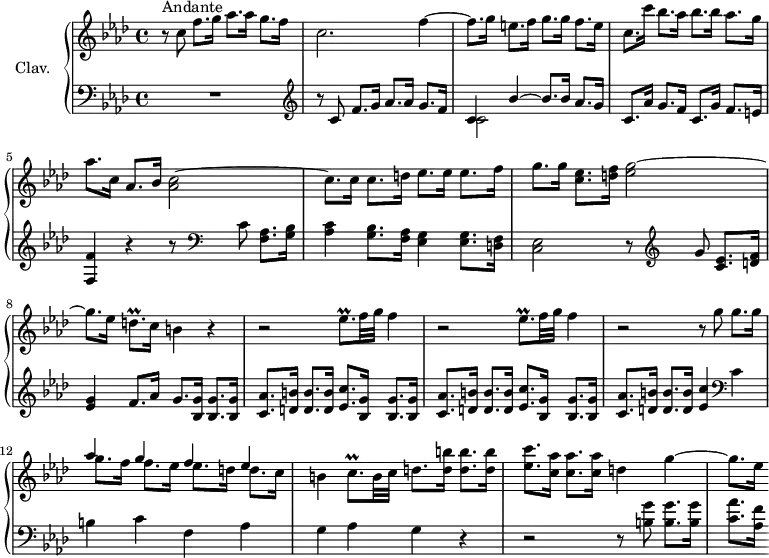 
\version "2.18.2"
\header {
  tagline = ##f
}

%% les petites notes
trillDqp         = { \tag #'print { d8.\prall } \tag #'midi { ees32 d ees d~ d16 } }
trillEesqp       = { \tag #'print { ees8.\prall } \tag #'midi { f32 ees f ees~ ees16 } }
trillCqp         = { \tag #'print { c8.\prall } \tag #'midi { d32 c d c~ c16 } }

upper = \relative c'' {
  \clef treble 
  \key f \minor
  \time 4/4
  \tempo 4 = 78
  \set Staff.midiInstrument = #"harpsichord"

      s8*0^\markup{Andante}
      r8 c8 f8. g16 aes8. aes16 g8. f16 | c2. f4~ |
      % ms. 3
      f8. g16 e8. f16 g8. g16 f8. e16 | c8. c'16 bes8. aes16 bes8. bes16 aes8. g16 | aes8. c,16 aes8. bes16 < aes c >2~
      % ms. 6
      c8. c16 c8. d16 ees8. ees16 ees8. f16 | g8. g16 < c, ees >8. < d f >16 < ees g >2~ | g8. ees16 \trillDqp c16 b4 r4 |
      % ms. 9
      \repeat unfold 2 { r2 \trillEesqp f32 g f4 } | r2 r8 g8 g8. g16 |
      % ms. 12
      << { aes4 g f ees } \\ { g8. f16 f8. ees16 ees8. d16 d8. c16 } >> | b4 \trillCqp b32 c d8. < d b' >16 q8. q16 | < ees c' >8. < c aes' >16 q8. q16 d4 g4~ |
      % m. 15
      g8. ees16 

}

lower = \relative c' {
  \clef bass
  \key f \minor
  \time 4/4
  \set Staff.midiInstrument = #"harpsichord"

    % **************************************
      R1 |   \clef treble  r8 c8 f8. g16 aes8. aes16 g8. f16
      % ms. 3
      << { c4 bes'4~ bes8. bes16 aes8. g16 } \\ { c,2 } >> c8. aes'16 g8. f16 c8. g'16 f8. e16 | < f, f' >4 r4 r8   \clef bass c'8 < f, aes >8. < g bes >16 |
      % ms. 6
      < aes c >4 < g bes >8. < f aes >16 < ees g >4 q8. < d f >16 | < c ees >2 r8   \clef treble g''8 < c, ees >8. < d f >16 | < ees g >4 f8. aes16 g8. < bes, g' >16 q8. q16 |
      % ms. 9
      \repeat unfold 2 { < c aes' >8. < d b' >16 q8. q16 < ees c' >8. < bes g' >16 q8. q16 } | < c aes' >8. < d b' >16 q8. q16 < ees c' >4 \clef bass c4 |
      % ms. 12
      b4 c f, aes | g aes g r4 | 
      % ms. 15
      r2 r8 < b g' >8 q8. q16 < c aes' >8. < aes f' >16 % Poursuivre les 5 mesures pour finir la section

}

thePianoStaff = \new PianoStaff <<
    \set PianoStaff.instrumentName = #"Clav."
    \new Staff = "upper" \upper
    \new Staff = "lower" \lower
  >>

\score {
  \keepWithTag #'print \thePianoStaff
  \layout {
      #(layout-set-staff-size 17)
    \context {
      \Score
     \override SpacingSpanner.common-shortest-duration = #(ly:make-moment 1/2)
      \remove "Metronome_mark_engraver"
    }
  }
}

\score {
  \keepWithTag #'midi \thePianoStaff
  \midi { }
}
