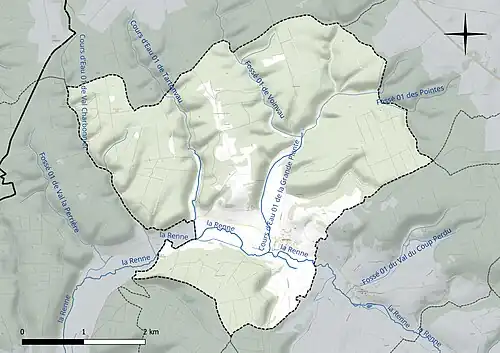 Carte en couleur présentant le réseau hydrographique de la commune
