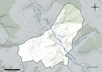 Carte en couleur présentant le réseau hydrographique de la commune