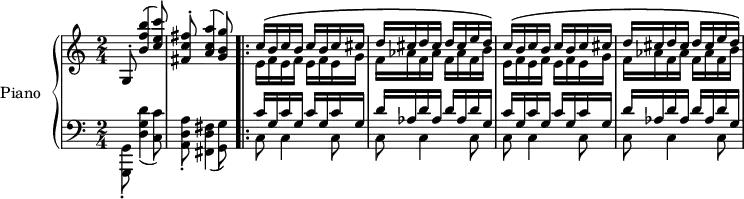 
\version "2.18.2"
\header {
  tagline=##f
}

%%%%%%%%%% KEYS %%%%%%%%%%%%%

global={
           \time 2/4
           \tempo 4=104
         }
Key={ \key c \major }

rhUpper=\relative c'' {
  \voiceOne
  \Key
  g,8-. < b' f' b >4( < c e c' >8)|< fis, c' fis >8-. < a c a' >4( < g b g' >8)
   \repeat unfold 2 { \repeat unfold 3 { s4*0\( c16 b } c cis \repeat unfold 3 { d16 cis } e d\) } 
}
rhLower=\relative c' {
  \voiceTwo
  \Key
  s1 \repeat unfold 2 { \repeat unfold 3 { e16 f } e g \repeat unfold 3 { f16 aes } f b }
}

lhUpper=\relative c' {
  \voiceOne
  \Key
  s1 \repeat unfold 2 { \repeat unfold 4 { c16 g } \repeat unfold 3 { d'16 aes } d g, }
}
lhLower=\relative c {
  \voiceTwo
  \Key
  < g g, >8-. < d' g d' >4( < c c' >8) < a d a' >8-. < fis d' fis >4( < g g' >8) \bar ".|:"
  \repeat unfold 4 { c8 c4 c8 }
}

PianoRH={
  \clef treble
  \global
  \set Staff.midiInstrument=#"acoustic grand"
  <<
    \new Voice="one" \rhUpper
    \new Voice="two" \rhLower
  >>
}
PianoLH={
  \clef bass
  \global
  \set Staff.midiInstrument=#"acoustic grand"
  <<
    \new Voice="one" \lhUpper
    \new Voice="two" \lhLower
  >>
}

piano={
  <<
    \set PianoStaff.instrumentName=#"Piano"
    \new Staff="upper" \PianoRH
    \new Staff="lower" \PianoLH
  >>
}

\score {
  \new PianoStaff <<
    \set PianoStaff.instrumentName=#"Piano"
    \new PianoStaff="piano" \piano
  >>
  \layout {
    \context {
      \Score
      \remove "Metronome_mark_engraver"
      \override SpacingSpanner.common-shortest-duration=#(ly:make-moment 1/2)
    }
  }
  \midi { }
}
