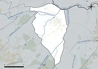 Carte en couleur présentant le réseau hydrographique de la commune