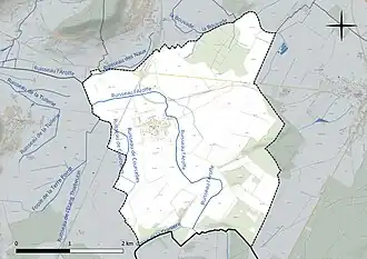 Carte en couleur présentant le réseau hydrographique de la commune