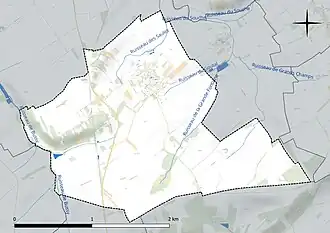 Carte en couleur présentant le réseau hydrographique de la commune
