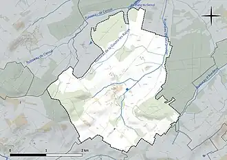 Carte en couleur présentant le réseau hydrographique de la commune