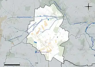 Carte en couleur présentant le réseau hydrographique de la commune