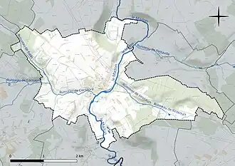 Carte en couleur présentant le réseau hydrographique de la commune