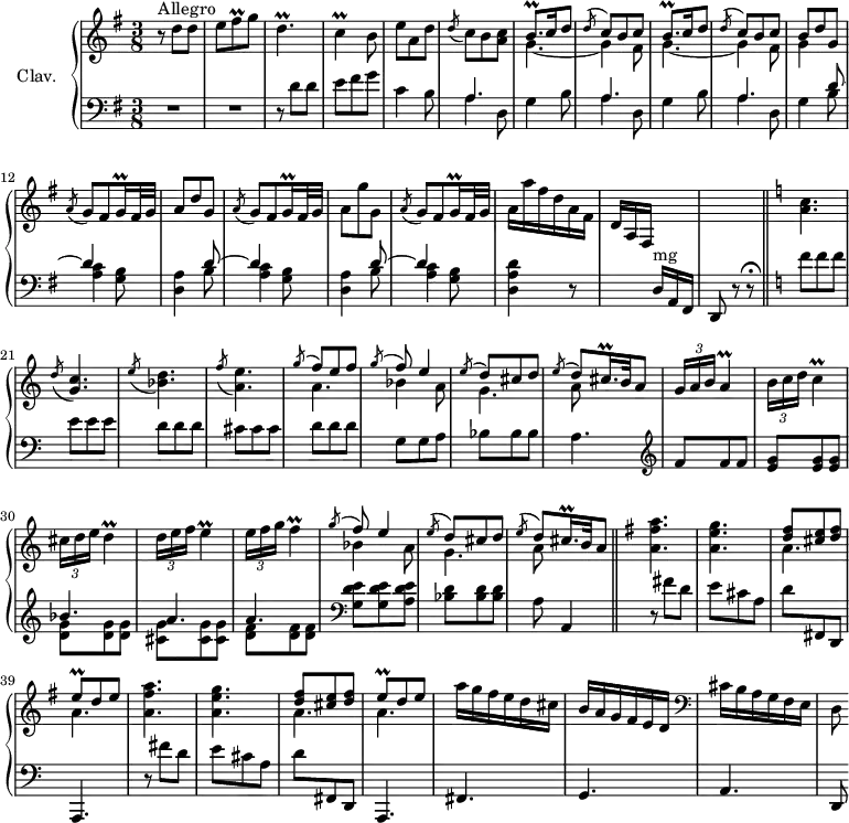 
\version "2.18.2"
\header {
  tagline = ##f
}

% petites notes
prallFisq = { \tag #'print { fis8\prall } \tag #'midi { g32 fis g fis } }
prallDp = { \tag #'print { d4.\prall } \tag #'midi { e32 d e d~ d8~ d8 } }
prallC = { \tag #'print { c4\prall } \tag #'midi { d32 c d c~ c8 } }

prallA = { \tag #'print { a4\prall } \tag #'midi { a32 b a b a8 } }
prallD = { \tag #'print { d4\prall } \tag #'midi { d32 e d e d8 } }
prallE = { \tag #'print { e4\prall } \tag #'midi { e32 f e f e8 } }
prallF = { \tag #'print { f4\prall } \tag #'midi { f32 g f g f8 } }

prallBqp = { \tag #'print { b8.\prall } \tag #'midi { c32 b c b~ b16 } }
prallEq = { \tag #'print { e8\prall } \tag #'midi { fis32 e fis~ fis } }

prallCqqp = { \tag #'print { c16\prall } \tag #'midi { \times 2/3 { c32 d c } } } % obligation d'enlever le point
prallGqqp = { \tag #'print { g16\prall } \tag #'midi { \times 2/3 { g32 a g } } } % obligation d'enlever le point
prallGisqqp = { \tag #'print { gis16.\prall } \tag #'midi { \times 2/3 { a32 gis a } gis~ gis16 } }
prallCisqqp = { \tag #'print { cis16.\prall } \tag #'midi { \times 2/3 { c32 d c~ } c~ } }

upper = \relative c'' {
  \clef treble 
  \key g \major
  \time 3/8
  \tempo 4. = 72
  \set Staff.midiInstrument = #"harpsichord"
  \override TupletBracket.bracket-visibility = ##f

      s8*0^\markup{Allegro}
      r8 d8 d | e \prallFisq g8 | \prallDp | \prallC b8 | e8 a, d | \acciaccatura d8 c8 b < a c > | \repeat unfold 2 { << { \prallBqp c16 d8 | \acciaccatura d8 c8 b c } \\ { g4.~ | g4 fis8 } >> }
      % ms. 11
      << { b8 d g, } \\ { g4 } >> \acciaccatura a8 g8 fis \prallGqqp fis32 g | a8 d g, | \acciaccatura a8 g8 fis \prallGqqp fis32 g |
      % ms. 15
      a8 g' g, | \acciaccatura a8 g8 fis \prallGqqp fis32 g | a16 a' fis d a fis d a fis s8. | s4. \bar "||"   \key c \major < a' c >4. \acciaccatura d8 < g, c >4. 
      % ms. 22
      \acciaccatura e'8 < bes d >4. \acciaccatura f'8 < a, e' >4. << { \acciaccatura g'8 \stemUp f8 e f | \acciaccatura g8 f8 e4 \acciaccatura e8 d8 cis d | \acciaccatura e8 d8 \prallCisqqp b32 \tempo 4. = 40 a8 } \\ { a4. | bes4 a8 | g4. | a8 } >> \tempo 4. = 70 \times 2/3 { g16 a b } \prallA
      % ms. 29
      \times 2/3 { b16 c d } \prallC | \times 2/3 { cis16 d e } \prallD | \times 2/3 { d16 e f } \prallE | \times 2/3 { e16 f g } \prallF  << { \acciaccatura g8 \stemUp f8 e4 | \acciaccatura e8 d8 cis d | \acciaccatura e8 d8 \prallCisqqp b32 a8 } \\ { bes4 a8 | g4. | a8 } >> \bar "||"   \key g \major
      % ms. 36
      \repeat unfold 2 { < a fis' a >4. | < a e' g > | << { < d fis >8 < cis e > < d fis > | \prallEq d e  } \\ { a,4. | a4.  } >> }
      % ms. 44
      a'16 g fis e d cis | b a g fis e d   \clef bass cis b a g fis e | d8

}

lower = \relative c' {
  \clef bass
  \key g \major
  \time 3/8
  \set Staff.midiInstrument = #"harpsichord"

    % **************************************
       R4.*2 | r8 d8 d | e fis g | c,4 b8 | \repeat unfold 2 { << { \mergeDifferentlyDottedOn a4. s4. } \\ { a4 d,8 | g4 b8 } >> } | << { \mergeDifferentlyDottedOn a4. s4 } \\ { a4 d,8 | g4 } >> \repeat unfold 2 { << { d'8~ d4 s4. } \\ { b8 | < a c >4 < g b >8 < d a' >4 } >> }  << { d'8~ d4 s4. } \\ { b8 | < a c >4 < g b >8 < d a' d >4 } >> r8 s8. d16^\markup{mg} a fis d8  \tempo 4. = 50 r8 r8\fermata |  \tempo 4. = 72 \key c \major \repeat unfold 3 { f''8 } \repeat unfold 3 { e } \repeat unfold 3 { d } \repeat unfold 3 { cis } \repeat unfold 3 { d } g, g a \repeat unfold 3 { bes } a4.   \clef treble \repeat unfold 3 { f'8 } < e g > q q << { bes'4. | a a } \\ { < d, g >8 q q | < cis g' > q q | < d f > q q } >>   \clef bass < g, d' e >8 q < a d e > < bes d > q q | a8  \tempo 4. = 40 a,4 |  \tempo 4. = 72
       % ms. 36
       \repeat unfold 2 { \stemDown r8 fis''8 d | e cis a | d \stemUp fis,, d a4. } fis'4. g a | d,8

}

thePianoStaff = \new PianoStaff <<
    \set PianoStaff.instrumentName = #"Clav."
    \new Staff = "upper" \upper
    \new Staff = "lower" \lower
  >>

\score {
  \keepWithTag #'print \thePianoStaff
  \layout {
      #(layout-set-staff-size 17)
    \context {
      \Score
     \override SpacingSpanner.common-shortest-duration = #(ly:make-moment 1/2)
      \remove "Metronome_mark_engraver"
    }
  }
}

\score {
  \keepWithTag #'midi \thePianoStaff
  \midi { }
}
