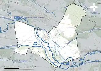 Carte en couleur présentant le réseau hydrographique de la commune