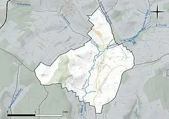 Carte en couleur présentant le réseau hydrographique de la commune
