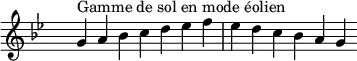
\relative c'' { 
  \key g \aeolian
  \clef treble \time 7/4 \hide Staff.TimeSignature g4^\markup { Gamme de sol en mode éolien } a bes c d ees f ees d c bes a g
}
