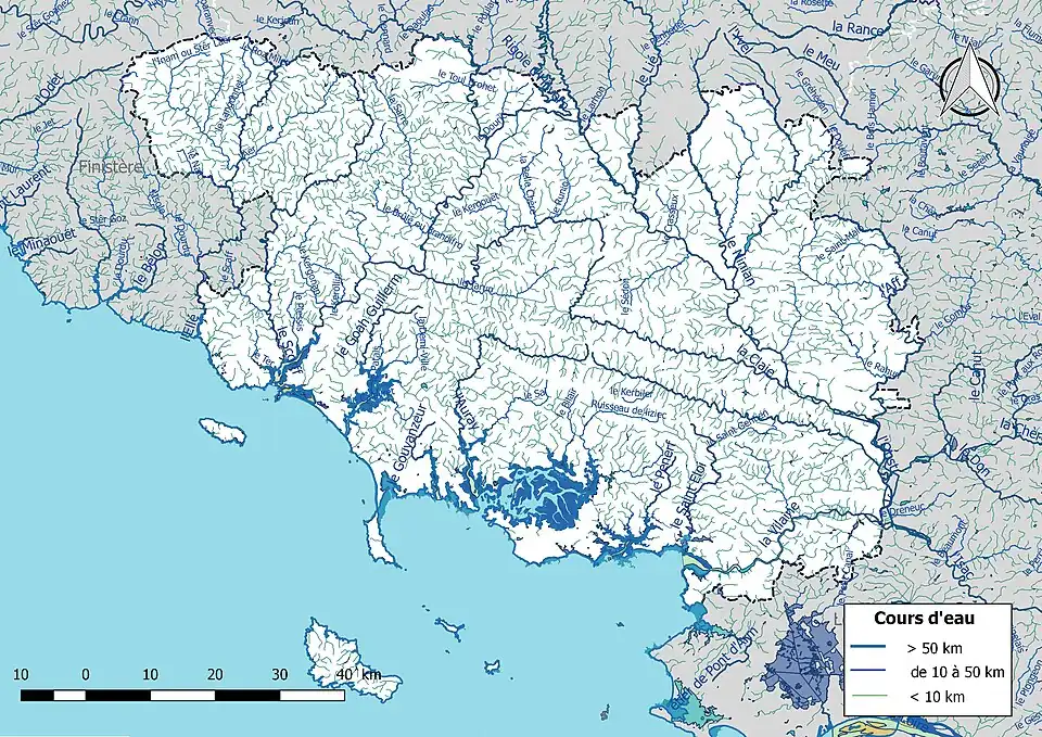 Carte de l'ensemble du réseau hydrographique du Morbihan.