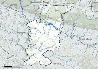Carte en couleur présentant le réseau hydrographique de la commune