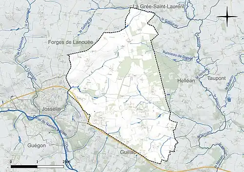 Carte en couleur présentant le réseau hydrographique de la commune