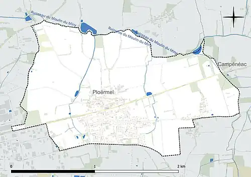 Carte en couleur présentant le réseau hydrographique de la commune