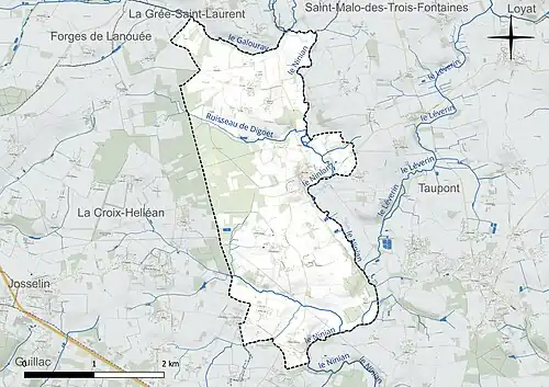 Carte en couleur présentant le réseau hydrographique de la commune
