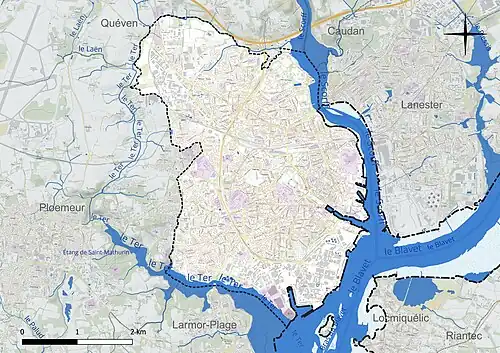 Carte en couleur présentant le réseau hydrographique de la commune