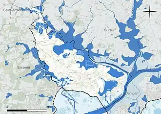 Carte en couleur présentant le réseau hydrographique de la commune