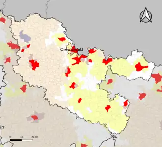 Localisation de l'aire d'attraction de Creutzwald dans le département de la Moselle.