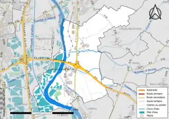 Carte en couleur présentant le réseau hydrographique de la commune