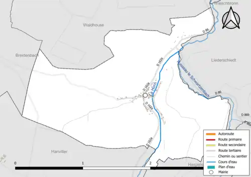 Carte en couleur présentant le réseau hydrographique de la commune
