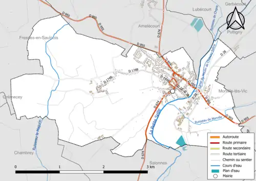 Carte en couleur présentant le réseau hydrographique de la commune