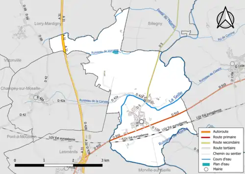 Carte en couleur présentant le réseau hydrographique de la commune