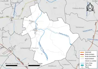 Carte en couleur présentant le réseau hydrographique de la commune