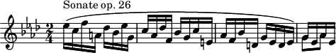 
\version "2.18.2"
\header {
  tagline = ##f
}

\score {
  \new Staff \with {

  }
<<
  \relative c'' {
    \key f \minor
    \time 2/4
    \override TupletBracket #'bracket-visibility = ##f
    %\autoBeamOff

     %% opus 26
     ees16\(^\markup{Sonate op. 26} c f a, des bes ees g, c aes des f, bes g c e, aes f bes d, g ees d ees\)
     << { g16 ees aes ees } \\ { g8 aes } >>

  }
>>
  \layout {
     \context {
       \Score \remove "Metronome_mark_engraver"
       \override SpacingSpanner.common-shortest-duration = #(ly:make-moment 1/2)
     }
  }
  \midi { \tempo 4=116}
}
