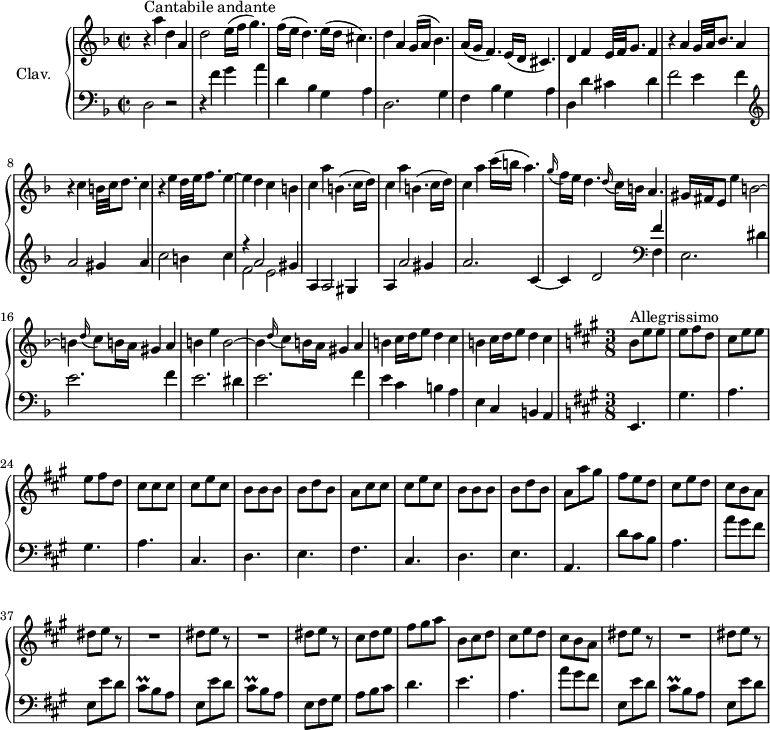 
\version "2.18.2"
\header {
  tagline = ##f
}

%% les petites notes
trillCisq = { \tag #'print { cis8\prall } \tag #'midi { d32 cis d cis } }

upper = \relative c'' {
  \clef treble 
  \key d \minor
  \time 2/2
  \tempo 2 = 62
  \set Staff.midiInstrument = #"harpsichord"
  \override TupletBracket.bracket-visibility = ##f


     s8*0^\markup{Cantabile andante} r4 a'4 d, a | d2 e16( f g4.) | f16( e d4.) e16( d cis4.) | d4 a g16( a bes4.) | a16( g f4.) e16( d cis4.) |
     % ms. 6
     d4 f e32 f g8. f4 | r4 a4 g32 a bes8. a4 | r4 c4 b32 c d8. c4 | r4 e4 d32 e f8. e4~ | e d c b |
     % ms. 11
     \repeat unfold 2 { c4 a' b,4.( c16 d) } c4 a' c16( b a4.) | \appoggiatura g16 f16 e d4.  \appoggiatura d16 c16 b a4. | gis16 fis  e8 e'4 b2~ |
     % ms. 16
     b4 \appoggiatura d16 c8 b16 a gis4 a | b e b2~ | b4 \appoggiatura d16 c8 b16 a gis4 a | \repeat unfold 2 { b c16 d e8 d4 c } |
     % ms. 21
       \tempo 4. = 98  \time 3/8  \key a \major  b8^\markup{Allegrissimo} e e | \tempo 4. = 105 e fis d | cis e e | e fis d | cis cis cis | cis e cis | b b b | b d b |
     % ms. 29
     a8 cis cis | cis e cis | b b b | b d b | a a' gis | fis e d  | cis e d | cis b a | \repeat unfold 2 { dis8 e r8 | 
     % ms. 38
      R4. } | dis8 e r8 | cis8 d e | fis gis a | b, cis d | cis e d | cis b a | 
     % ms. 47
     dis8 e r8 R4. dis8 e r8

}

lower = \relative c {
  \clef bass
  \key d \minor
  \time 2/2
  \set Staff.midiInstrument = #"harpsichord"

    % **************************************
     d2 r2 | r4 f'4 g a | d, bes g a | d,2. g4 | f bes g a |
     % ms. 6
     d,4 d' cis d | f2 e4 f |   \clef treble  a2 gis4 a | c2 b4 c | << { r4 a2 gis4 | } \\ { f2 e } >>
     % ms. 11
     a,4 a2 gis4 | a a'2 gis4 | a2. c,4~ | c d2   \clef bass << { f4 } \\ { f,4 | e2. dis'4 } >>
     % ms. 16
     e2. f4 | e2. dis4 | e2. f4 | e c b a | e c b   \tempo 2 = 45 a4 |
     % ms. 21
       \time 3/8  \key a \major e4. | gis' a gis a cis, d e 
     % ms. 29
     fis4. cis d e a, | d'8 cis b | a4. | a'8 gis fis | e,8 e' d | 
     % ms. 38
     \trillCisq b8 a | e e' d | \trillCisq b8 a | e fis gis a b cis | d4. e a, | a'8 gis fis |
     % ms. 47
     e,8 e' d | \trillCisq b a | e e' d | 

}

thePianoStaff = \new PianoStaff <<
    \set PianoStaff.instrumentName = #"Clav."
    \new Staff = "upper" \upper
    \new Staff = "lower" \lower
  >>

\score {
  \keepWithTag #'print \thePianoStaff
  \layout {
      #(layout-set-staff-size 17)
    \context {
      \Score
     \override SpacingSpanner.common-shortest-duration = #(ly:make-moment 1/2)
      \remove "Metronome_mark_engraver"
    }
  }
}

\score {
  \keepWithTag #'midi \thePianoStaff
  \midi { }
}
