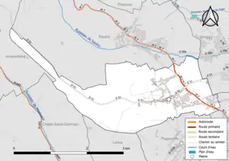 Carte en couleur présentant le réseau hydrographique de la commune