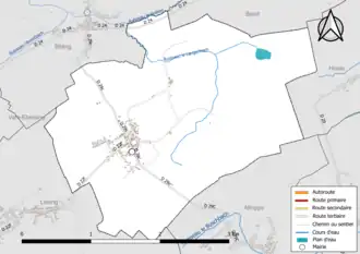 Carte en couleur présentant le réseau hydrographique de la commune