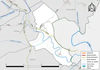 Carte en couleur présentant le réseau hydrographique de la commune