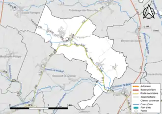 Carte en couleur présentant le réseau hydrographique de la commune