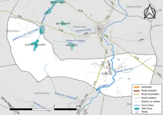 Carte en couleur présentant le réseau hydrographique de la commune