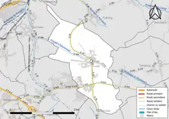 Carte en couleur présentant le réseau hydrographique de la commune