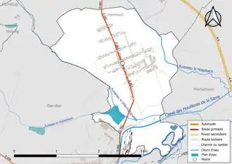 Carte en couleur présentant le réseau hydrographique de la commune