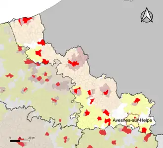 Localisation de l'aire d'attraction d'Avesnes-sur-Helpe dans le département du Nord.