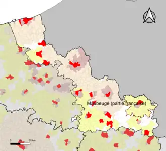 Localisation de l'aire d'attraction de Maubeuge (partie française) dans le département du Nord.