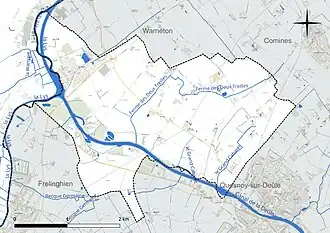Carte en couleur présentant le réseau hydrographique de la commune
