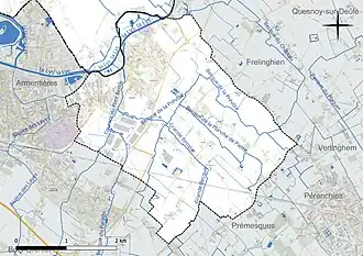 Carte en couleur présentant le réseau hydrographique de la commune