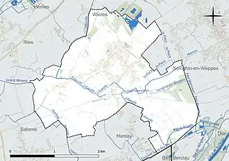 Carte en couleur présentant le réseau hydrographique de la commune
