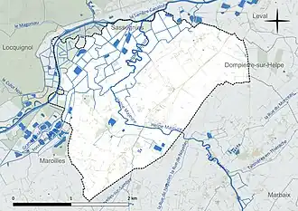 Carte en couleur présentant le réseau hydrographique de la commune