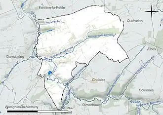 Carte en couleur présentant le réseau hydrographique de la commune