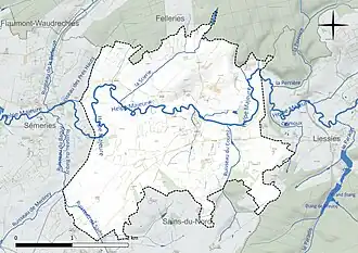 Carte en couleur présentant le réseau hydrographique de la commune